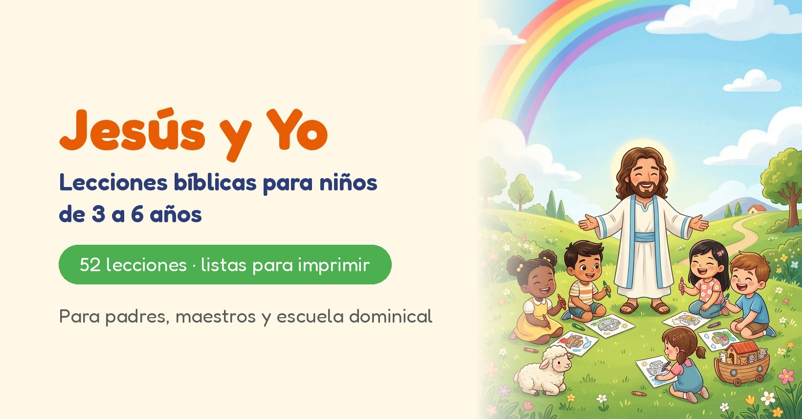 Ilustración de Jesús y Yo con niños felices y un cielo azul