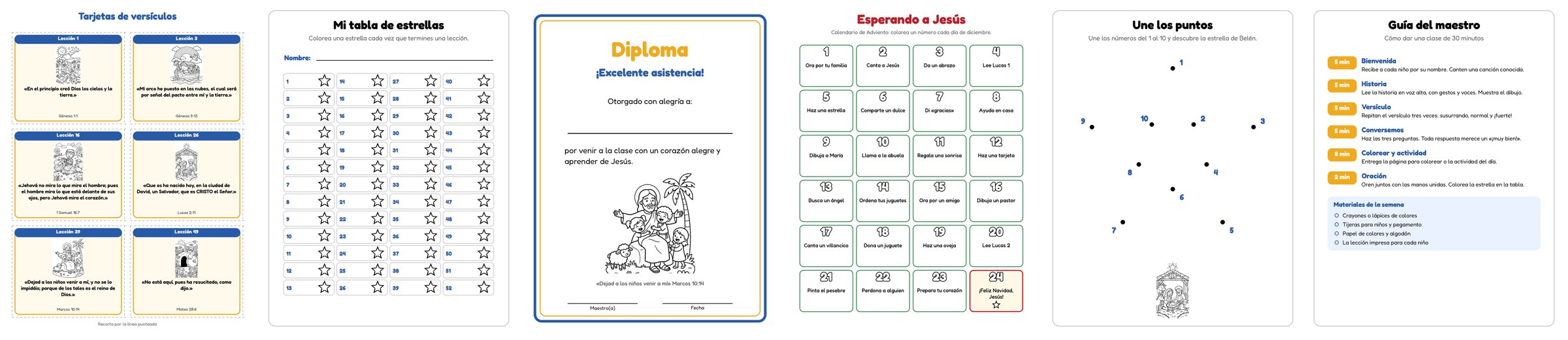 Páginas interiores de los bonos: tarjetas, tabla de progreso, diplomas y guía